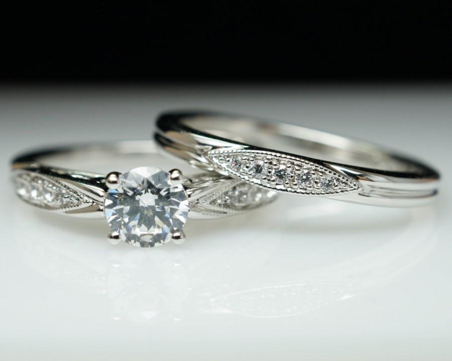 Wedding - Intricate Vintage Style White Gold Diamond Engagement Ring & Matching Wedding Band Milgraine Finish Filigree Style Art Deco Style