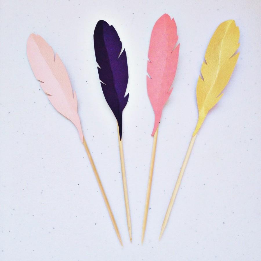 Mariage - Mini Paper Feather Cupcake Topper Set - Tribal Party Decor