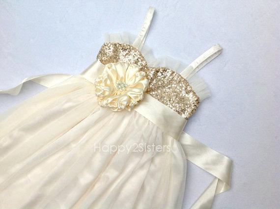 Wedding - Gold sequin flower girl dress, Gold flower girl dress, flower girl dress tulle, Flower girl dress ivory SIZES 9 10 11 12 13 14.