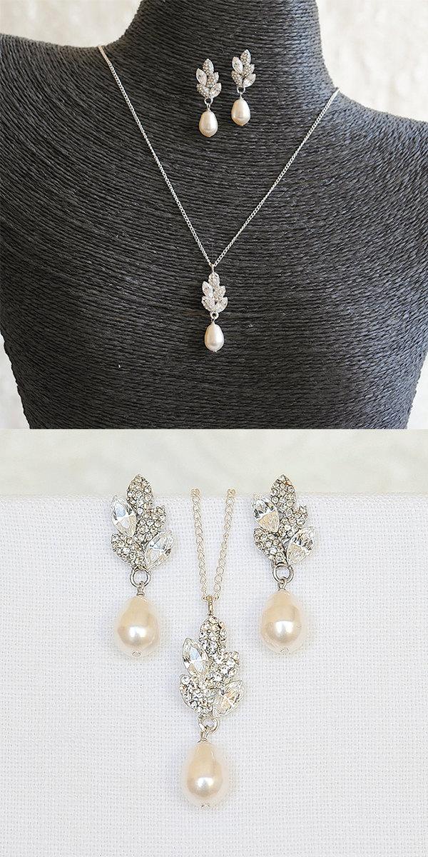 Mariage - ASHTYN, Wedding Bridal Jewelry SET, Vintage Style Filigree Leaf Bridal Necklace and Earrings, Swarovski Crystal & Pearl Wedding Jewelry Set