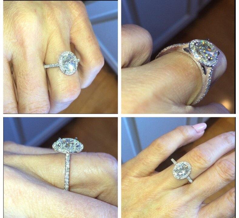 Wedding - Moissanite Halo Engagement Ring 14k White Gold 2.10ct Oval Forever Brilliant & Natural Diamond Halo Engagement Ring Pristine Custom Rings