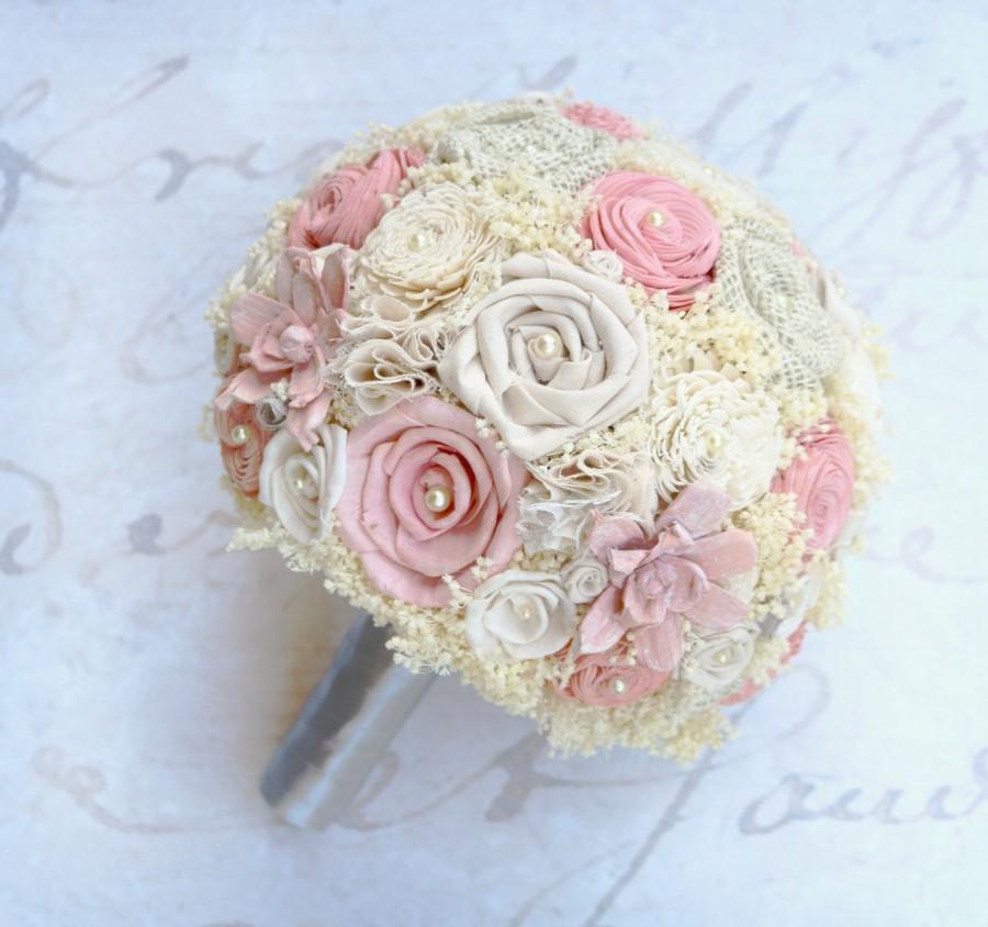 Mariage - Romantic Peach Wedding Bouquet // Bridal Bouquet, Shabby Chic, Burlap, Sola Flower, Lace, Babys Breath, Wedding Flowers, Bridal Flowers