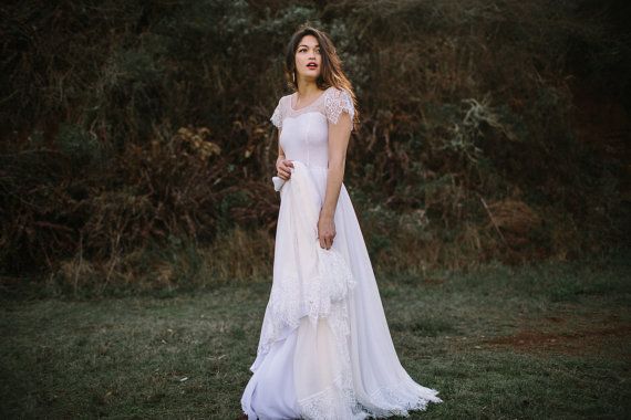 Wedding - Lowback Romantic Bohemian Wedding Dress With Illusion Sweetheart Neckline, Chiffon Skirt, And Damask Eyelash Lace Cap Sleeves - Erin Dress