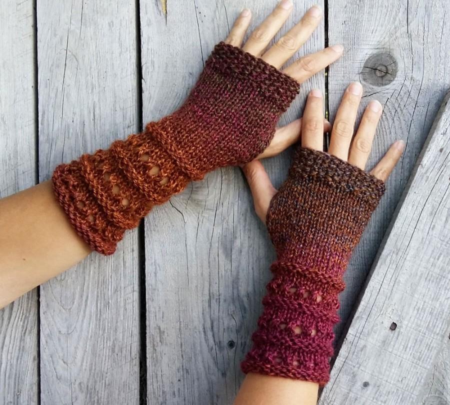 Hochzeit - Granny's Hand Knit Fingerless Gloves in mustard yellow, strawberry red, moss green and blue