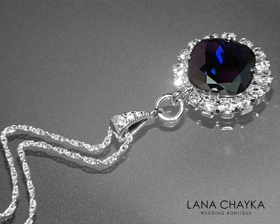 زفاف - Dark Navy Blue Crystal Halo Necklace Swarovski Dark Indigo Rhinestone Sparkly Necklace Deep Blue Chain Necklace Bridal Bridesmaids Jewelry