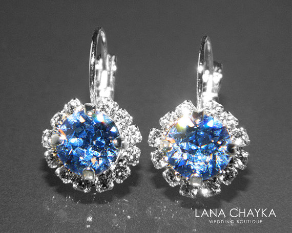 Свадьба - Light Blue Halo Crystal Earrings Swarovski Light Sapphire Rhinestone Sparkly Earrings Hypoallergenic Leverback Wedding Jewelry Bridesmaids