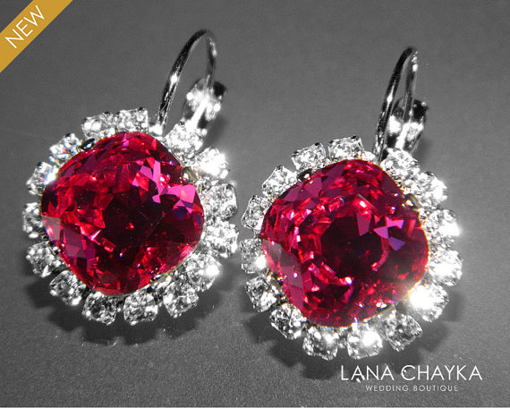 زفاف - Fuchsia Crystal Halo Earrings Swarovski Fuchsia Rhinestone Earrings Hot Pink Leverback Earrings Wedding Pink Jewelry Bridesmaid Jewelry
