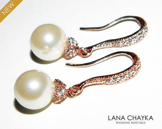 Hochzeit - Ivory Pearl Rose Gold Earrings Swarovski 8mm Pearl CZ Earrings Bridal Pearl Drop Earrings Wedding Rose Gold Small Earrings Bridesmaids