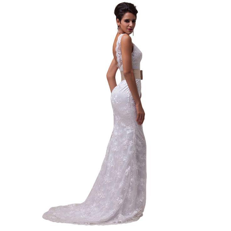 زفاف - Elegant V-Neck Long Lace Wedding Dress
