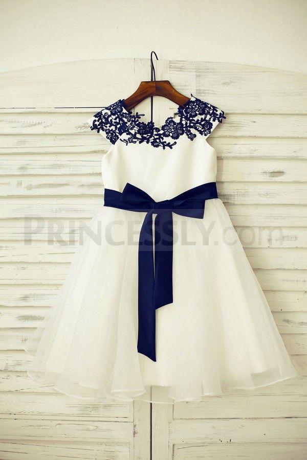 Hochzeit - Navy Blue Lace Ivory Satin Organza Flower Girl Dress With Navy Sash