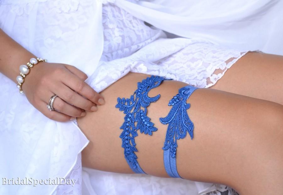 Wedding - Bridal Garter, Wedding Garter Blue, Wedding Garter Set, Something Blue, Handmade Garter, Royal Blue Garter, Lace Bridal Garter, Blue Garter