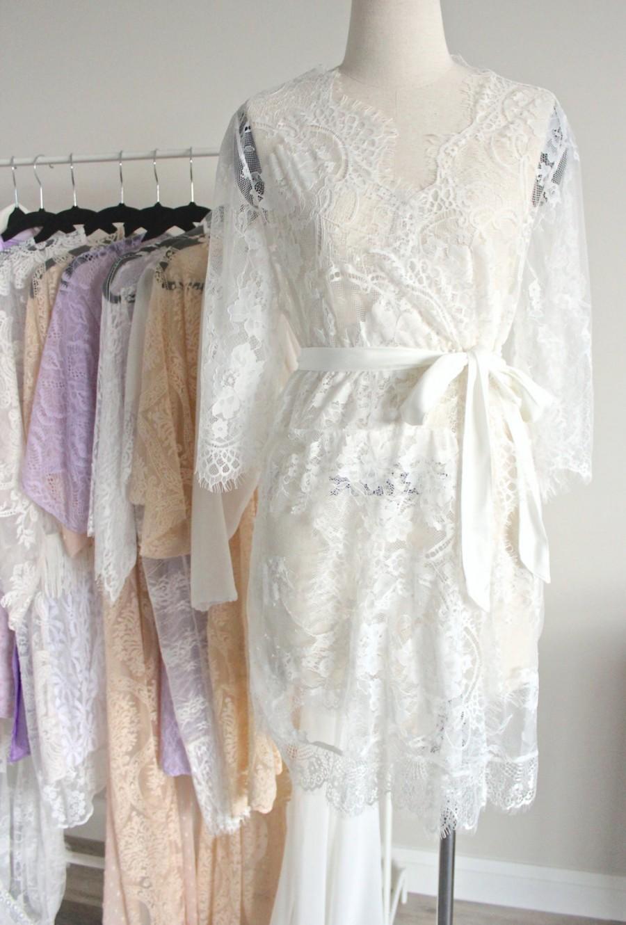 Свадьба - White Lace Bridal Robe Kimono, White Eyelash Lace Robe for Wedding Gift, Bridal Lingerie