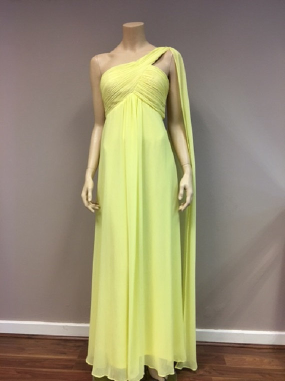 Hochzeit - Chiffon Bridesmaids Yellow Dress Long A line One Shoulder Shawl Wedding Party Gown