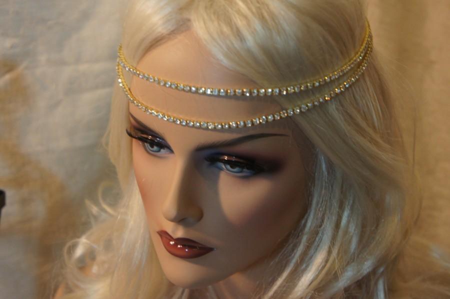 Mariage - Double Gold Rhinestone Headband, Boho, Halo, Bridal Chain Headband, Silver/Gold/Champagne Rhinestone Headband, Bridesmaide, Prom, Gift Idea