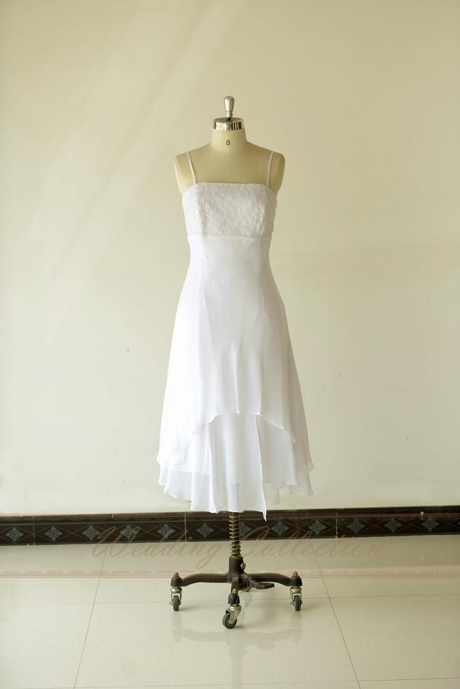 Mariage - Tea Length Wedding Dress,Layered Chiffon Destination/Reception Bridal Dress Embroidery with Spaghetti Straps