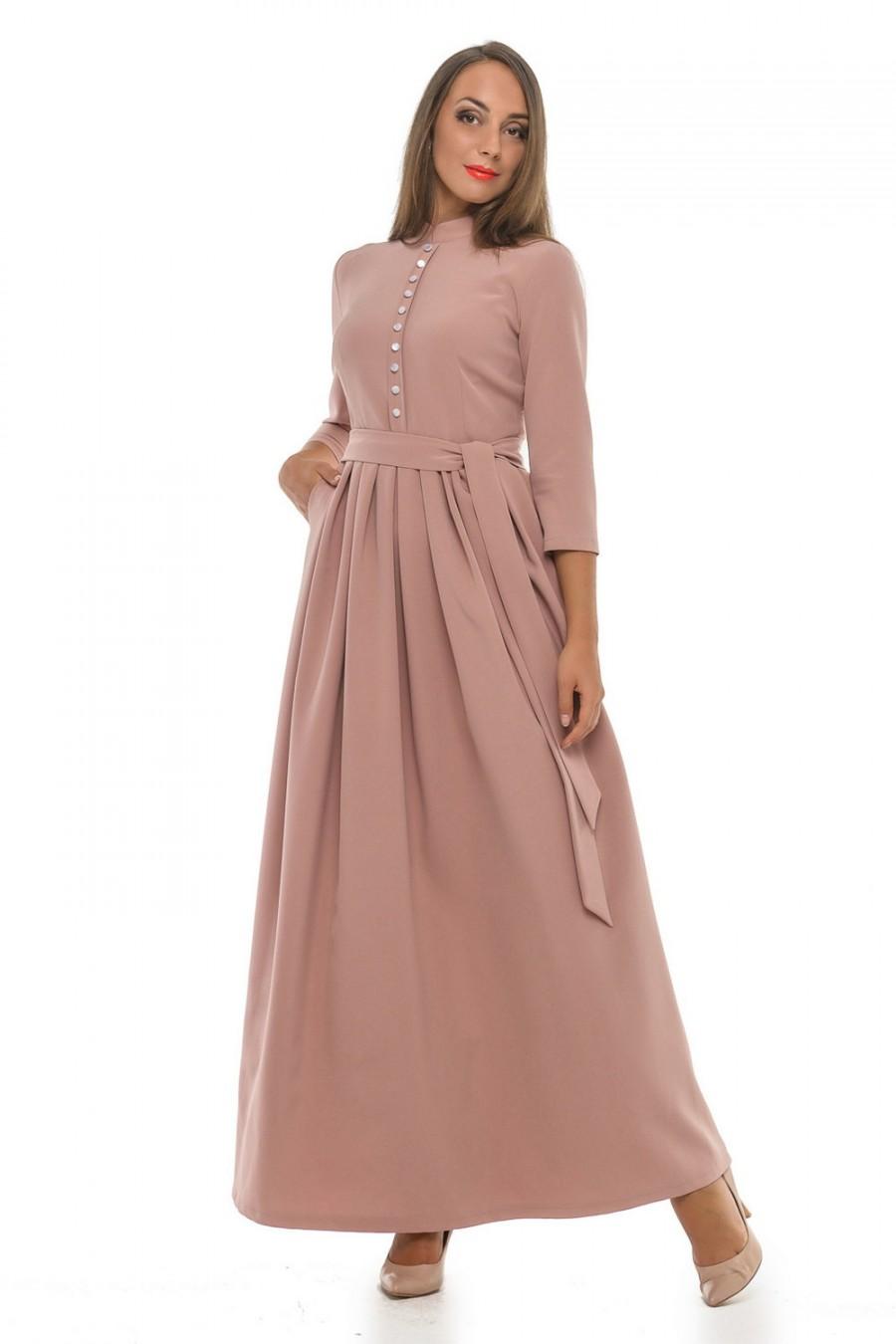 زفاف - Very soft Beige dress, Long dress with pleats, Formal Maxi dress, Mother of the bride dress, long sleeve maxi dress.