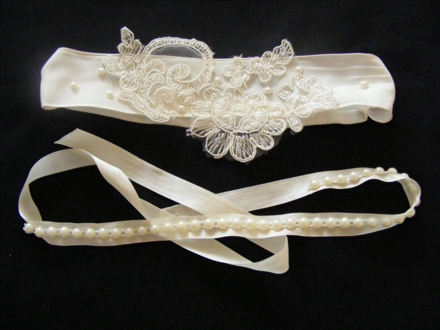 Hochzeit - Ivory Lace Beaded Handmade Wedding Garter, Two In One Pack, Pearl Garter,  Bridal Garter,Toss Garter, Keepsake Garter