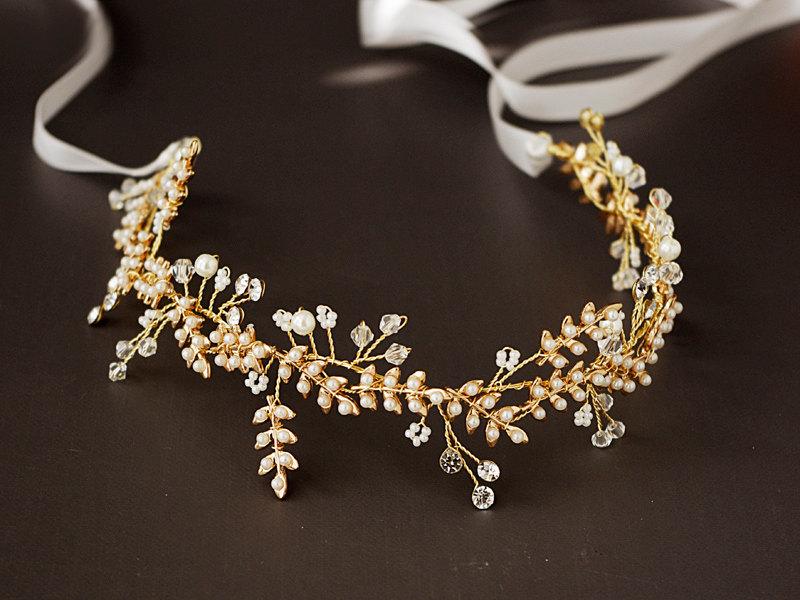 Свадьба - Gold pearl leaf hair vine, Floral headband, Bridal headpiece, Wedding halo, Pearl and rhinestone headband, Ribbon,Silver,Nature inspired