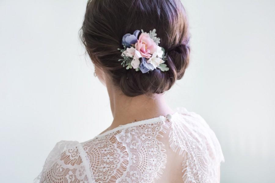 Wedding - Floral headpiece, Flower hair clip, Floral wedding hair accessories, Hair flower clip, Bridal headpiece, Pink blue hair clip - LOTTIE