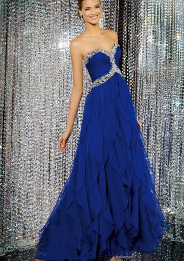 Wedding - Sweetheart Crystals Zipper Sleeveless Ruffles Blue Chiffon Floor Length