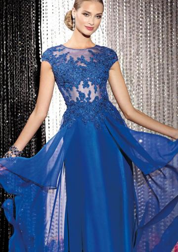 Wedding - Appliques Tulle Chiffon Ruched Blue Zipper Short Sleeves Floor Length
