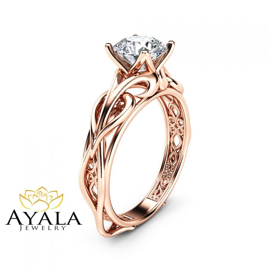 Hochzeit - Solitaire Moissanite Engagement Ring 14K Rose Gold Moissanite Ring Swirl Design Engagement Ring