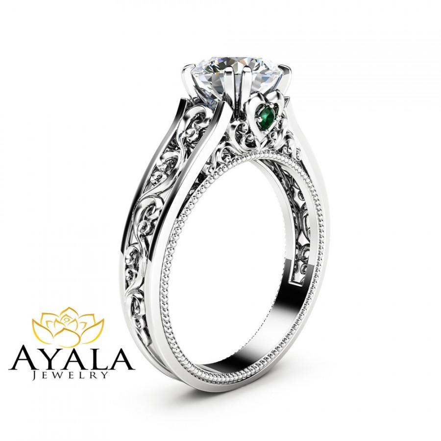 Wedding - White Gold Moissanite Engagement Ring Milgrain Moissanite Ring Vintage Engagement Ring with Emeralds