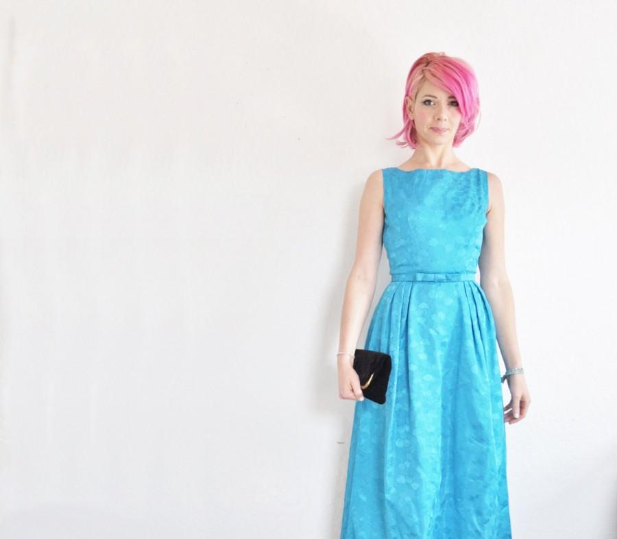Wedding - 1960 teal bow prom gown . bright mid century bridesmaid dress .extra small.xs .sale