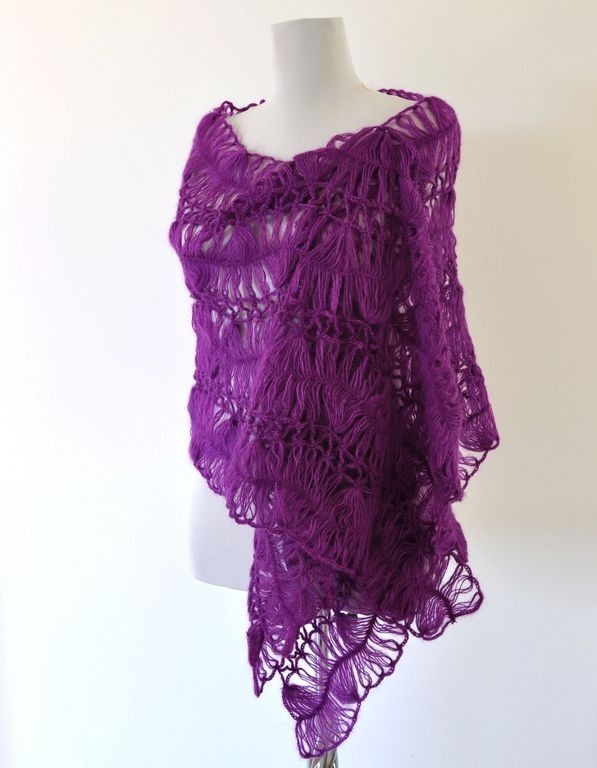 زفاف - Crochet Shawl Plum Lace Mohair Warm Cozy Chic
