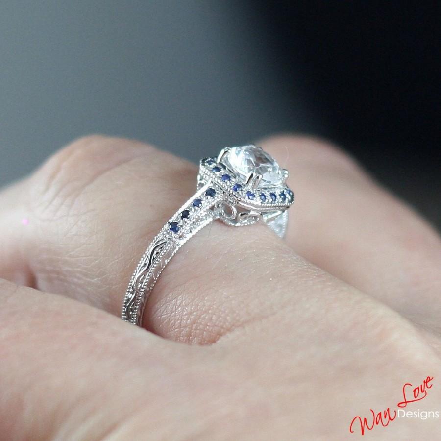 Mariage - White Topaz & Blue Sapphire Antique Halo Filigree Engagement Ring 1ct 6mm 14k 18k White Yellow Rose Gold Platinum Custom Wedding Anniversary