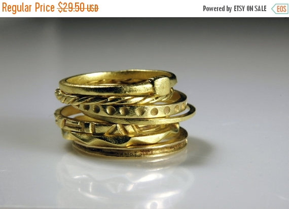 Mariage - SALE Stacking Ring Purity Wedding Band 7 Unique Design Gold Tone Crystal Stone Etched Braided Chevron Stacking Individual Rings