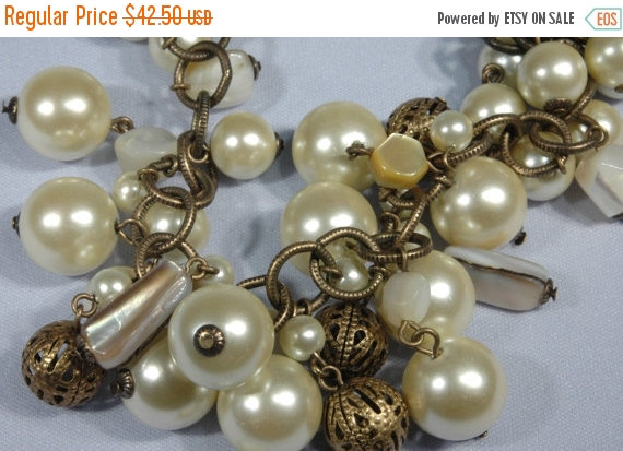 Wedding - SALE Necklace or Choker Adjustable Mother of Pearl, Faux Round Pearls and Brass Filigree Balls Bridal Jewelry Statement Cascading Pearl Neck