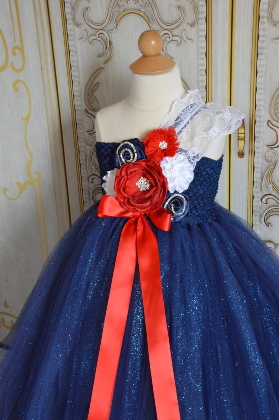 Hochzeit - Navy, red and white Flower girl tutu dress