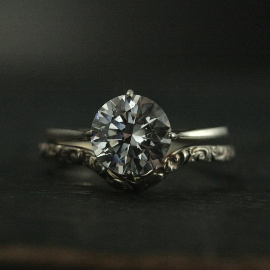 زفاف - Elegant Filigree Engagement Ring and Wedding Band--Sterling Silver Bridal Set--Vintage Style Ring--Antique Style Engagement Ring