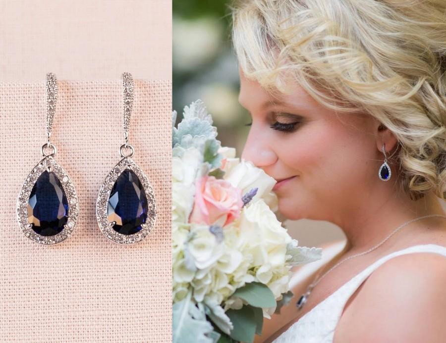 زفاف - Crystal Bridal earrings  Dark Sapphire Blue Wedding jewelry, Crystal Wedding earrings, Cobalt Blue Bridal jewelry, Ariel Earrings