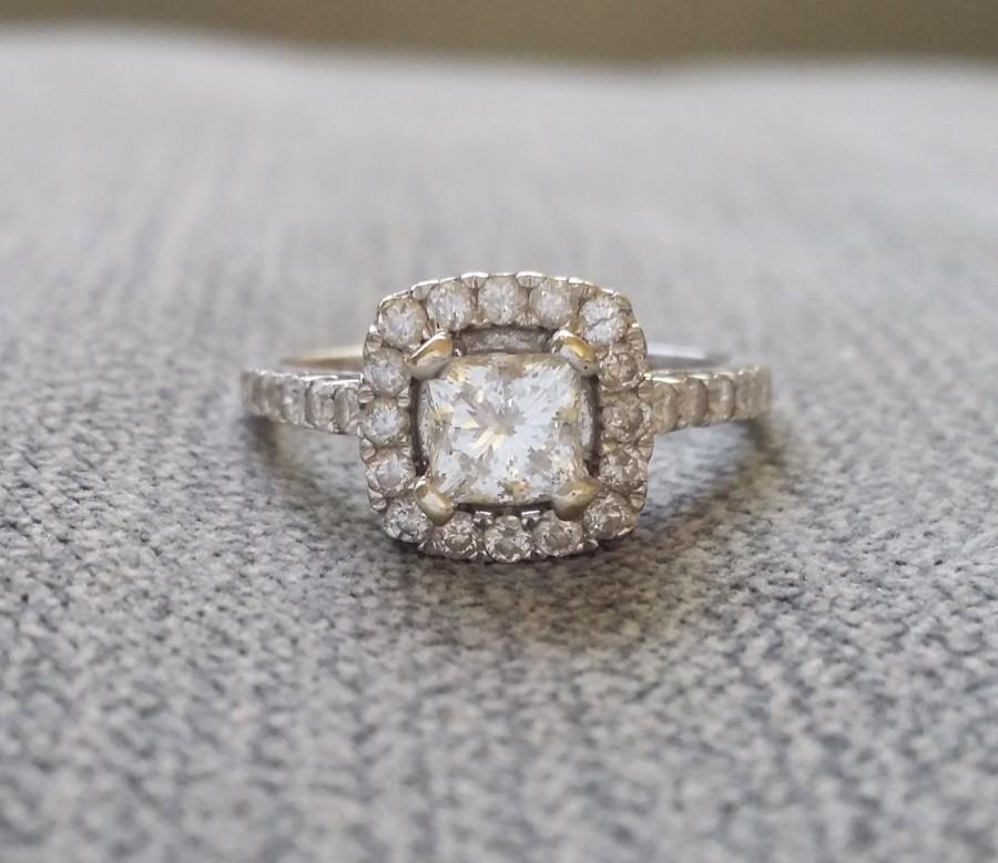 Wedding - Halo Diamond Ring 1.1 carat Engagement Ring Princess 90s Classic Modern Simple Romantic Cushion Round Halo Setting 18K White Gold size 6.75
