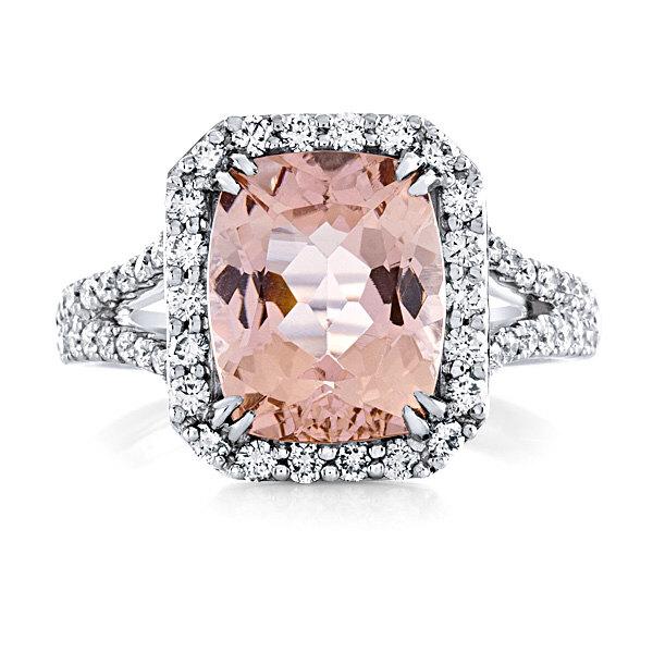 Mariage - Morganite Engagement Ring Split Shank 18kt White Gold Genuine Diamond Halo Engagement Ring 10.5x8mm Morganite Wedding Anniversary Ring
