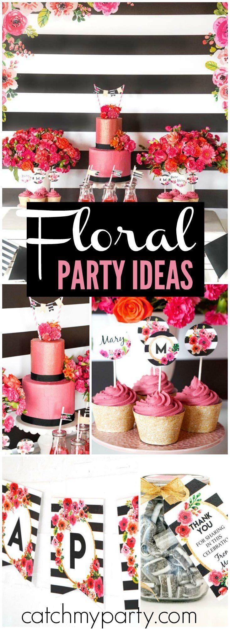 Wedding - Black And White Floral Party / Birthday "Black And White Striped Floral Birthday Party"
