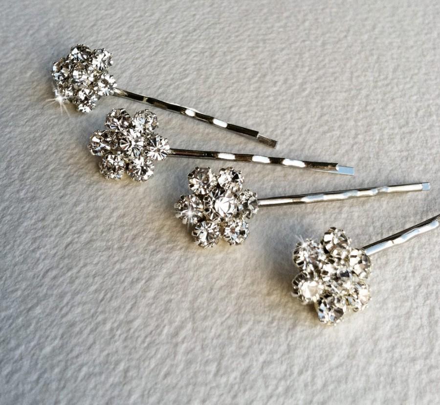 Hochzeit - Silver Bridal Rhinestone Flower Hairpins 4 pc - wedding hair pin, bridal silver hair, crystal hair clip, hair accessory, bobby pin  FLOWER