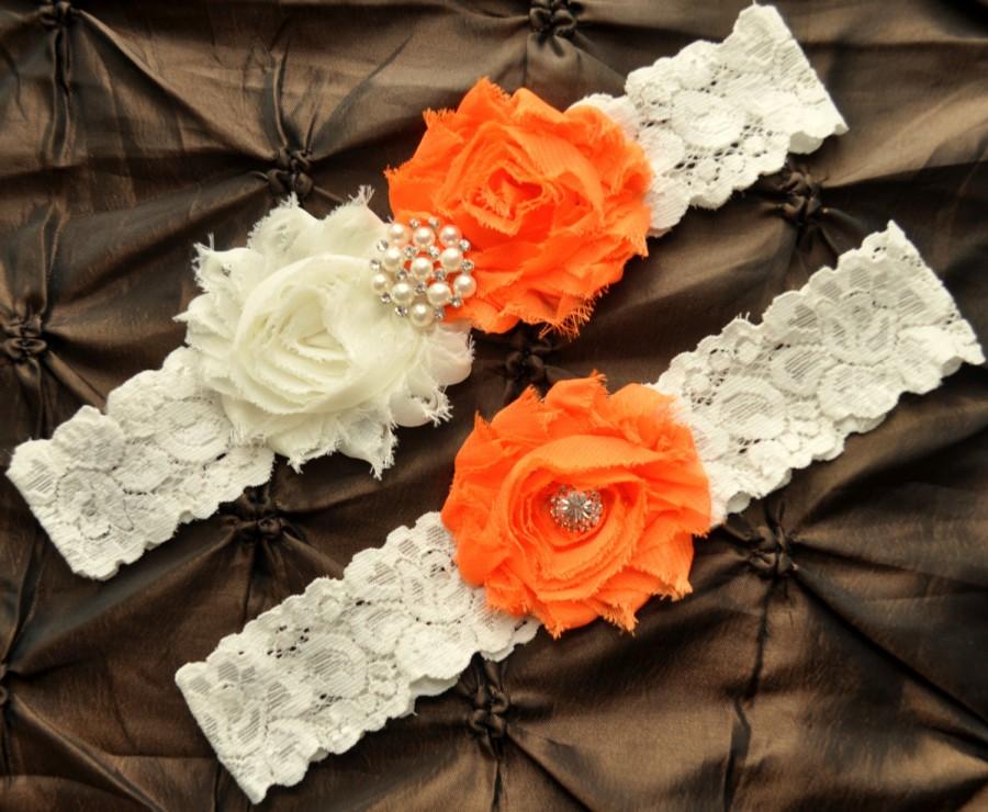 Hochzeit - Orange Wedding Garter Set, Bridal Garter Set - Ivory Lace Garter, Keepsake Garter, Toss Garter, Shabby Rosette Orange Ivory Wedding Garter