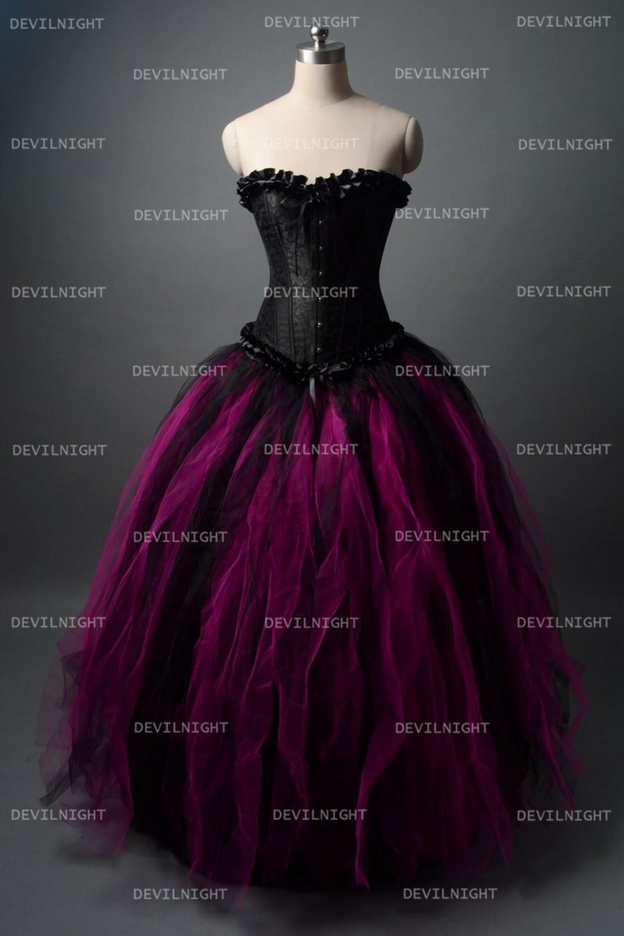 Wedding - Black and Fuchsia Gothic Corset Burlesque Long Prom Party Dress