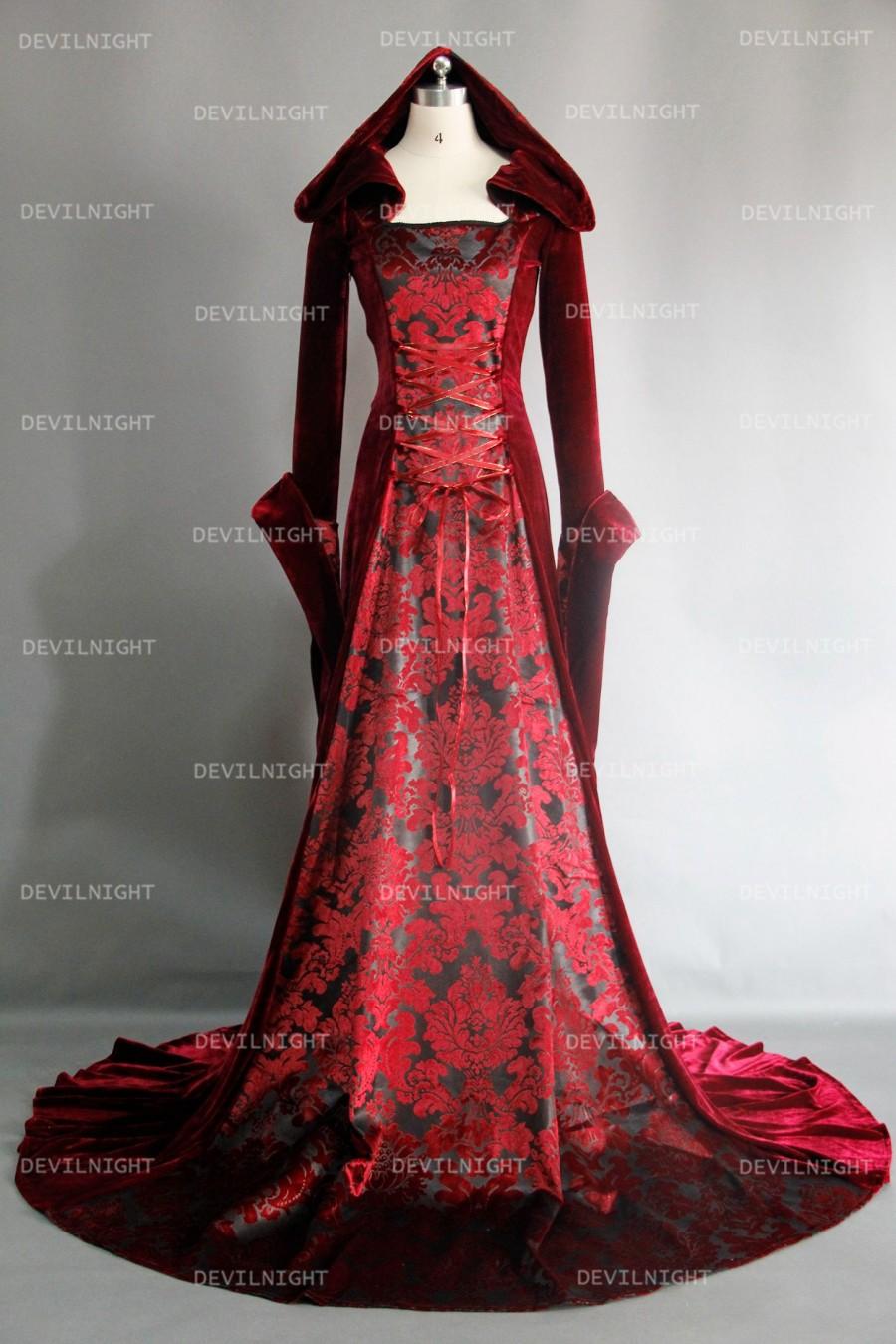 Wedding - Red Velvet Gothic Hooded Medieval Dress