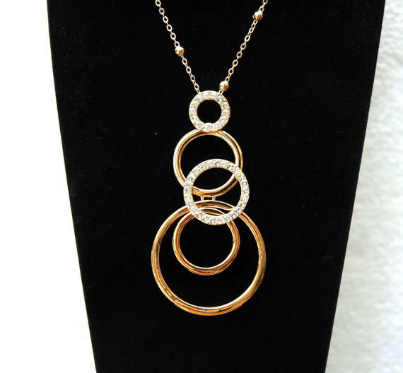 زفاف - Gold Necklace Swarovski Crystal Necklace, Long Necklace, Interlink Circles Necklace, Statement Necklace, Gifts for Her