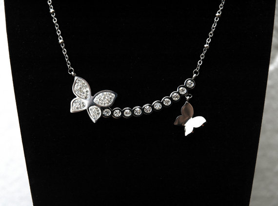 زفاف - stainless Steel Necklace, Butterfly Necklace, Swarovski Crystal Necklace, Butterfly Bar Necklace, Gifts for Her, Bohemian Necklace