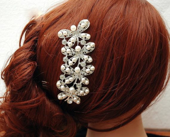 زفاف - Pearl Bridal Hair Comb, Rhinestone Bridal Comb, Wedding Hair Comb, Butterfly Crystal Comb, Wedding Accessories, Bridal Headpiece