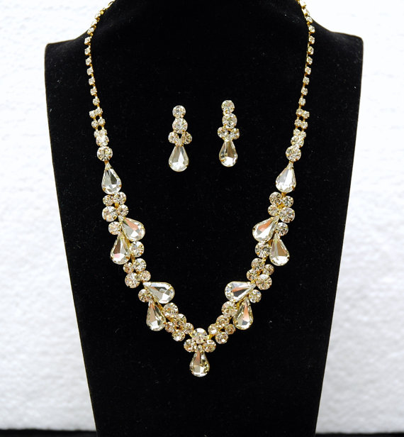 Wedding - Gold Rhinestone Necklace Set, Bridal Jewelry Set, Crystal Wedding Necklace Set, Teardrop Necklace, Wedding Accessories