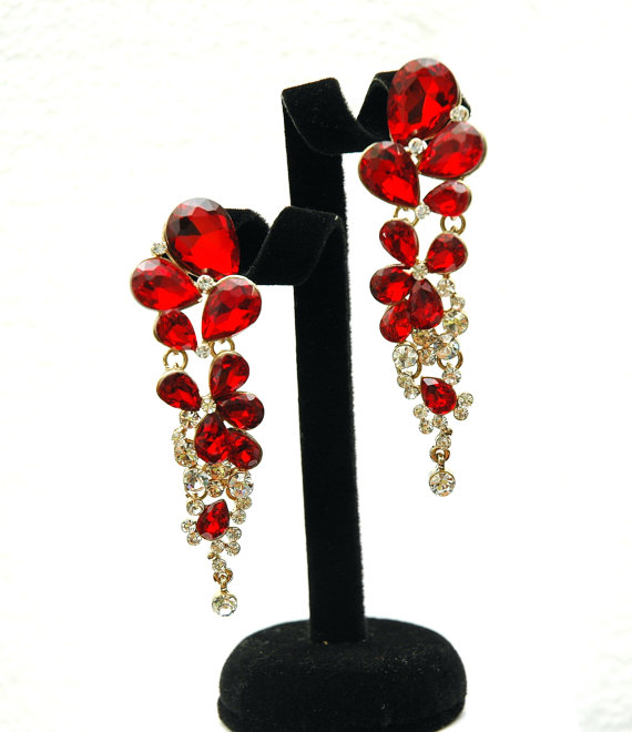 Wedding - Red Crystal Earrings, Long Rhinestone Earrings, Long Chandelier Gold Earrings, Wedding Jewelry, Teardrop Earrings