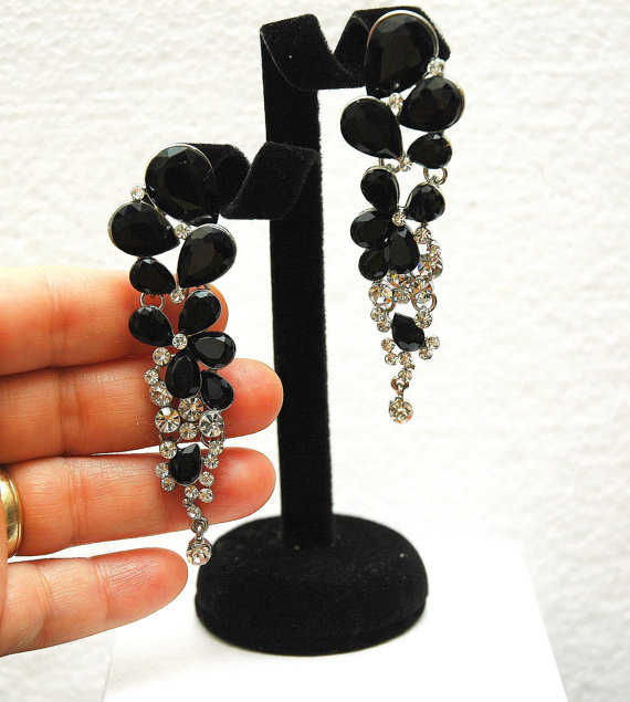 Wedding - Black Crystal Earrings, Long Rhinestone Earrings, Long Chandelier Silver Earrings, Wedding Jewelry, Teardrop Earrings