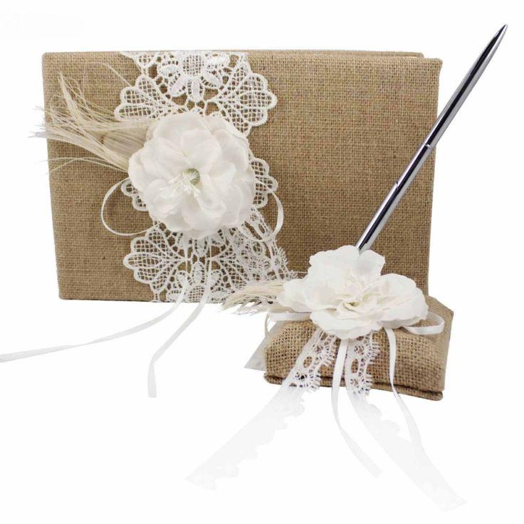 Hochzeit - Jute Burlap Wedding Guest Book And Pen Set With Floral Lace Ribbon