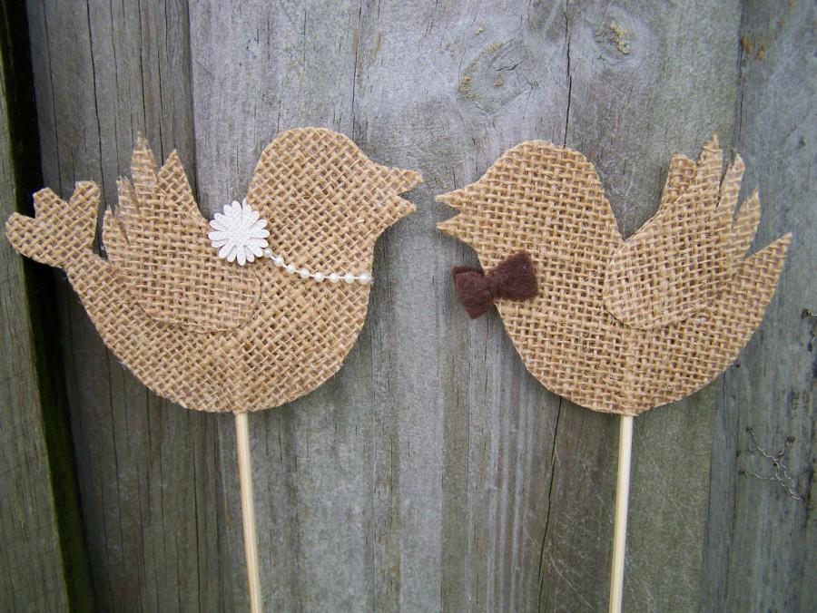 Wedding - Burlap Love Birds Cake Topper ( 1 pair )